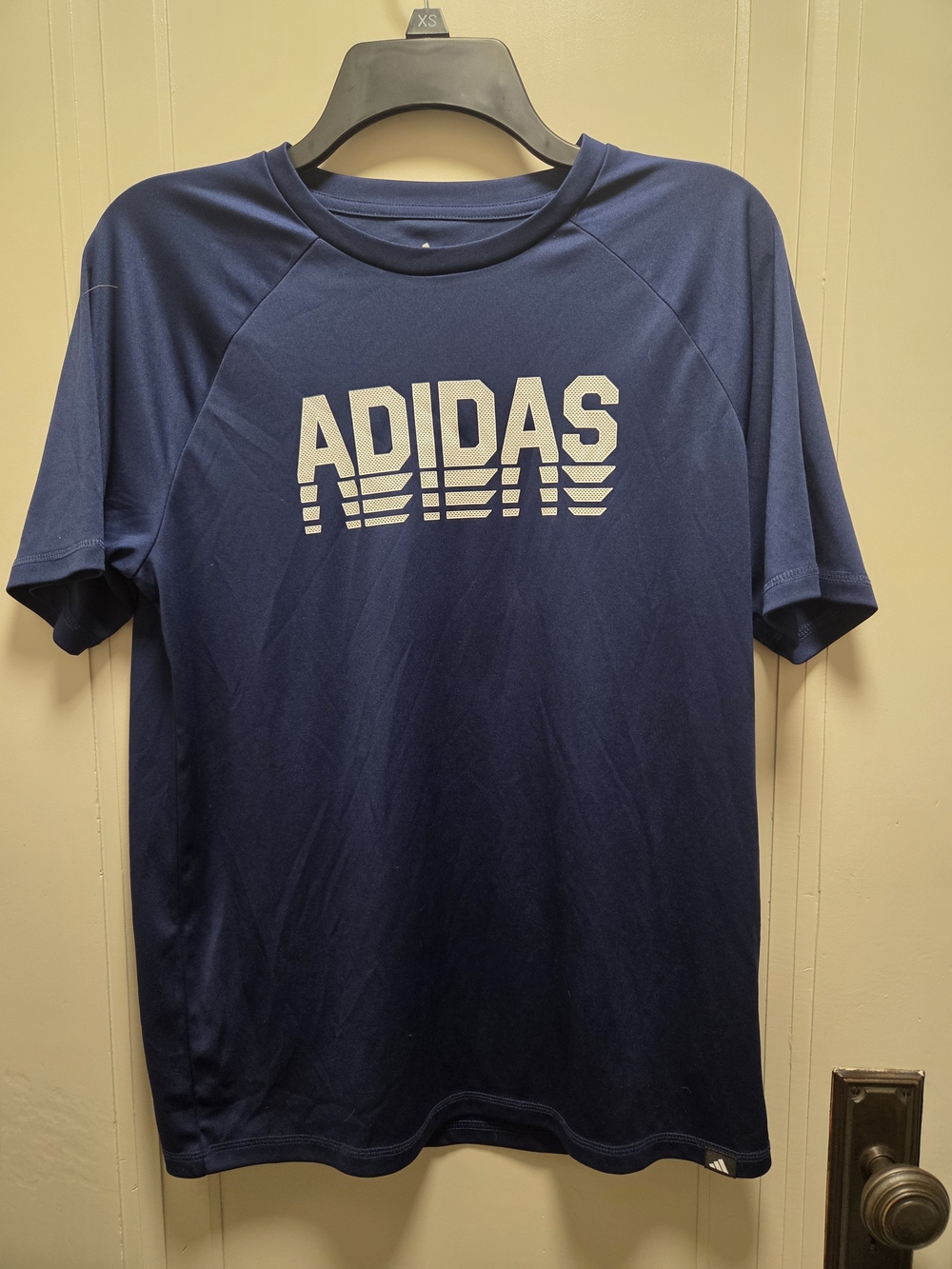 adidas Teen Navy Short Sleeve Graphic Logo Tee Spellout Size 18/20